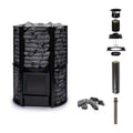 Narvi Inari Plus 16kW wood burning sauna stove with tall stone cage, chimney kit and sauna stones