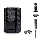 Narvi Inari Plus 16kW wood burning sauna stove with tall stone cage, chimney kit and sauna stones