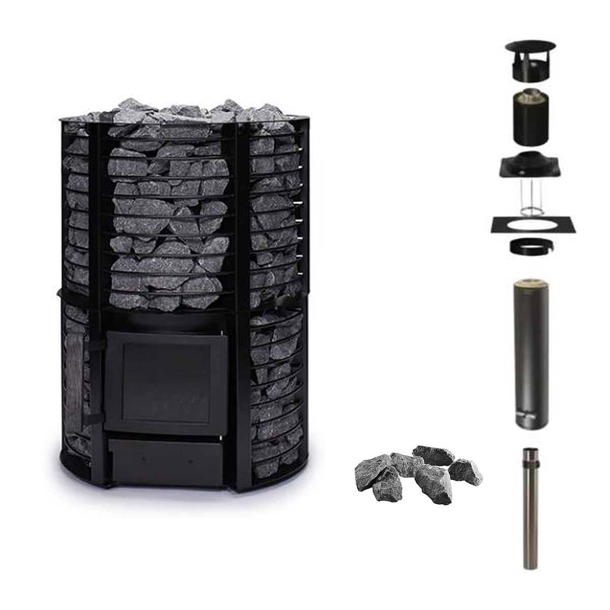 Narvi Inari Plus 16kW wood burning sauna stove with tall stone cage, chimney kit and sauna stones