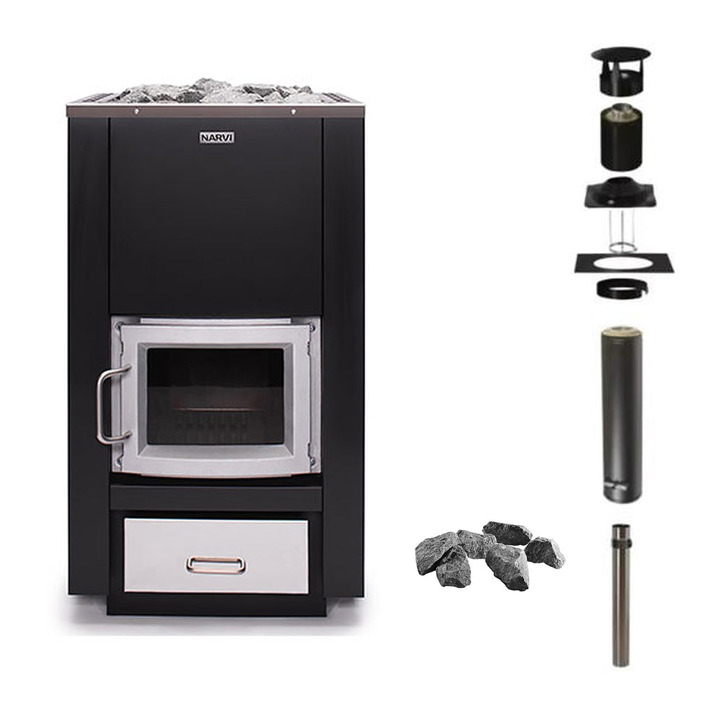 Narvi 30 24kW wood burning sauna stove with stainless steel door and ash drawer, chimney kit and sauna stones