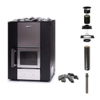 Narvi Kuru 14 13kW wood burning sauna stove with stainless steel door panel, chimney kit and sauna stones
