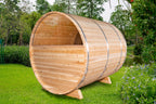Rear view of the Dundalk CT 6-Person Outdoor Barrel Sauna with Half-Moon Windows on a lawn