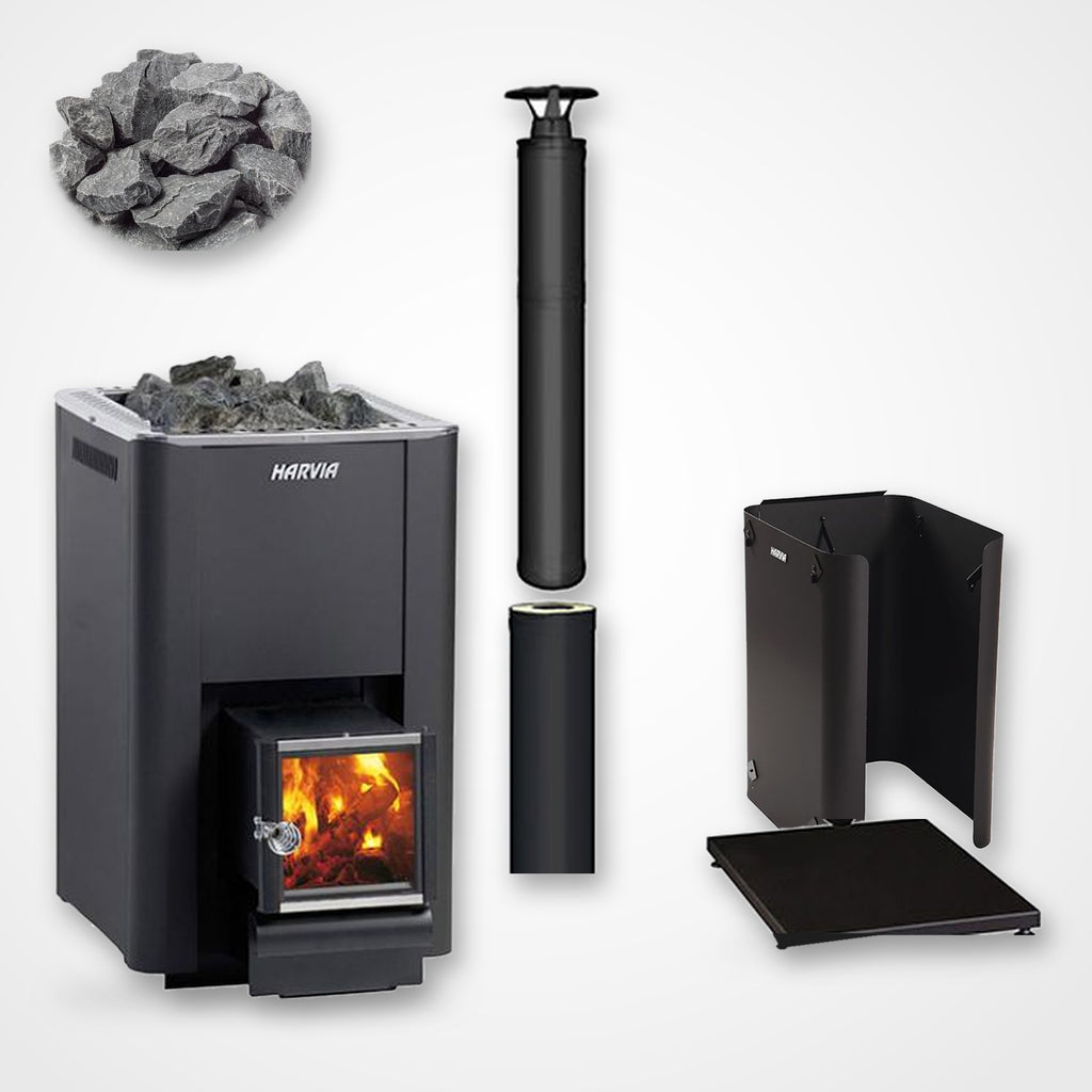 Harvia Pro 20 SL 24kW Wood-Burning Sauna Stove with Exterior Feed package including black chimney and sauna stones