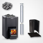 Harvia Pro 20 SL 24kW Wood-Burning Sauna Stove with Exterior Feed package including stainless steel chimney and sauna stones