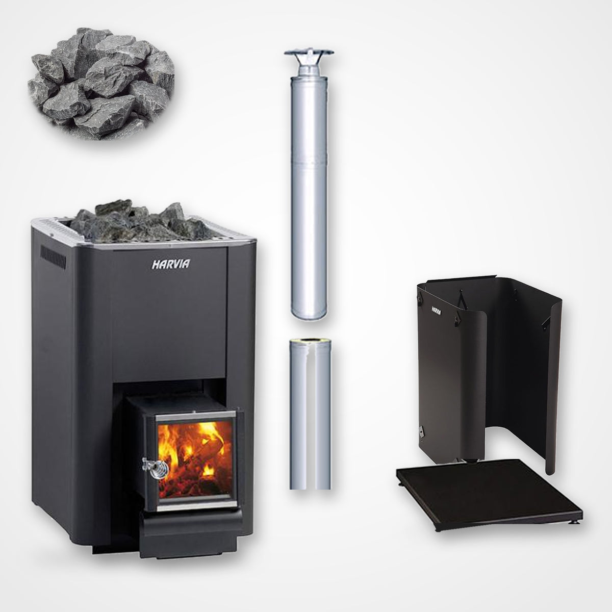 Harvia Pro 20 SL 24kW Wood-Burning Sauna Stove with Exterior Feed package including stainless steel chimney and sauna stones