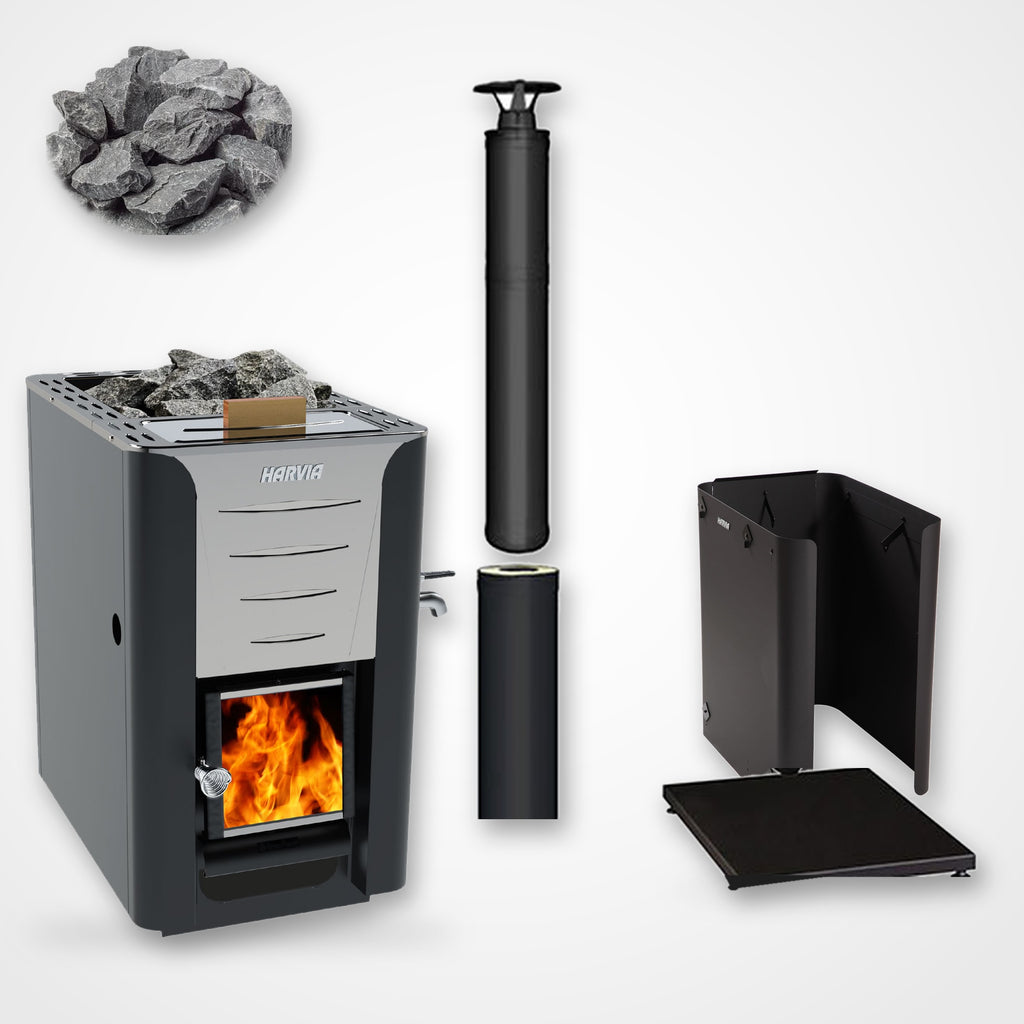 Harvia Pro 20 24kW Wood-Burning Sauna Stove with Water Tank package, front view with black chimney and sauna stones