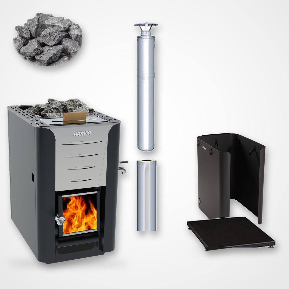 Harvia Pro 20 24kW Wood-Burning Sauna Stove with Water Tank package, front view with stainless steel chimney and sauna stones