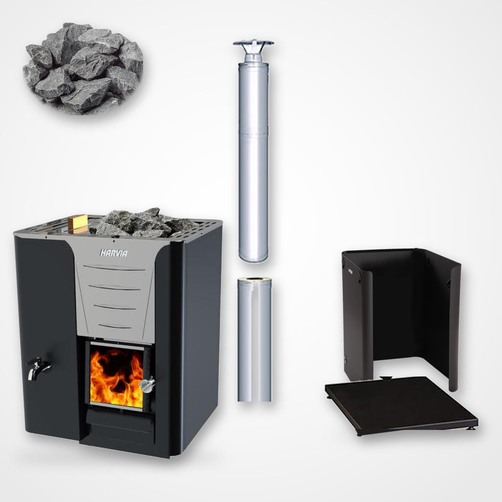 Harvia Pro 20 24kW Wood-Burning Sauna Stove with Water Tank package, left side view with stainless steel chimney and sauna stones