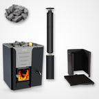 Harvia Pro 20 24kW Wood-Burning Sauna Stove with Water Tank package, right side view with black chimney and sauna stones, alternate view