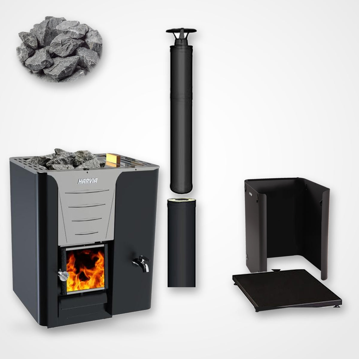 Harvia Pro 20 24kW Wood-Burning Sauna Stove with Water Tank package, right side view with black chimney and sauna stones, alternate view