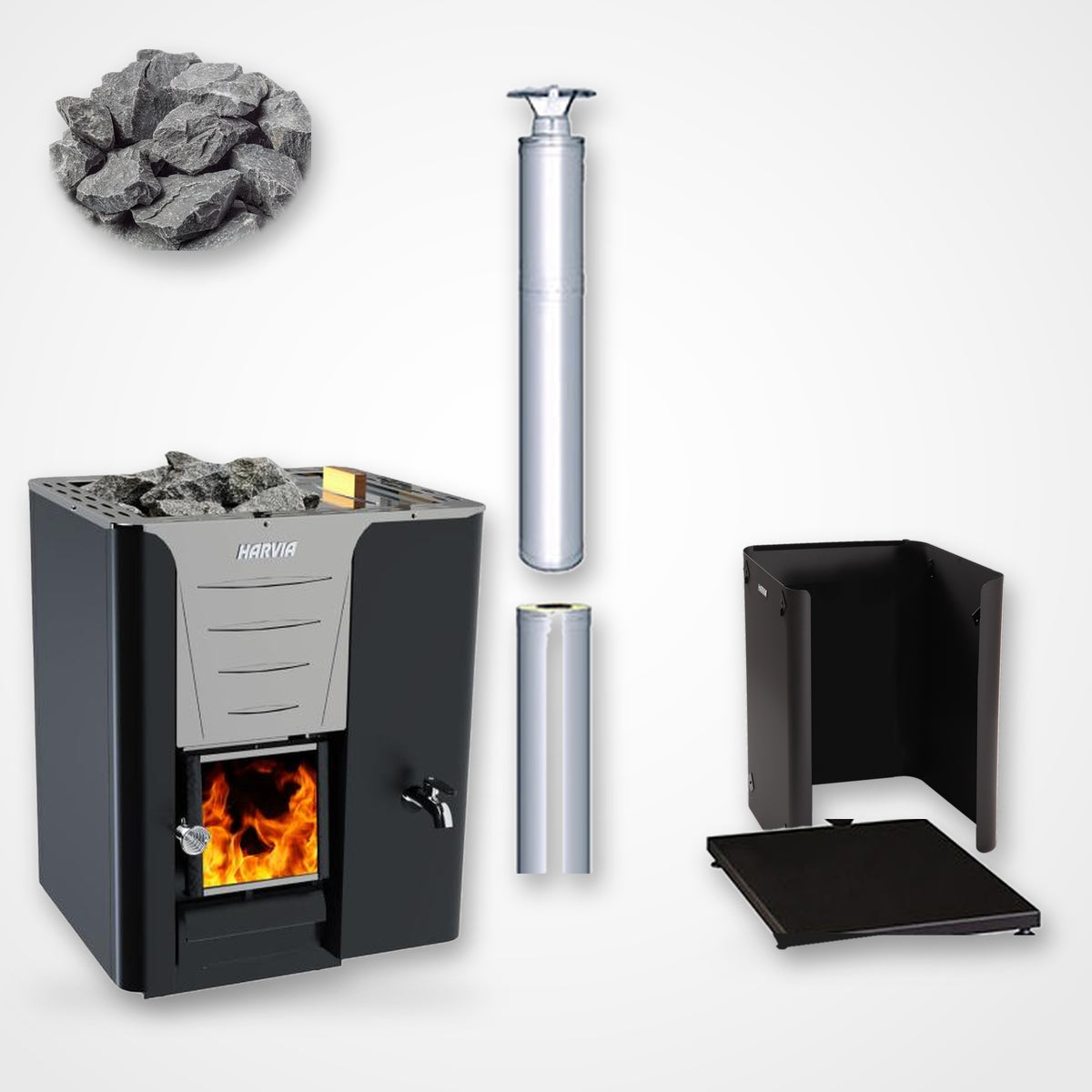 Harvia Pro 20 24kW Wood-Burning Sauna Stove with Water Tank package, right side view with stainless steel chimney and sauna stones