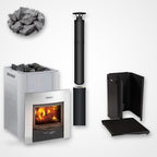 Harvia Pro 20 Duo 24kW Wood-Burning Sauna Stove and Fireplace package with black chimney and sauna stones