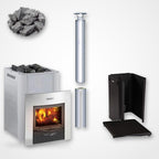 Harvia Pro 36 Duo 31kW Wood-Burning Sauna Stove and Fireplace package with stainless steel chimney and sauna stones