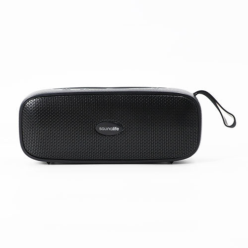 SaunaLife Verse black Bluetooth sauna speaker with carry strap, front view