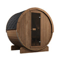 Angled view of the SaunaLife E6 Ergo 3-person outdoor barrel sauna with glass door and shingle roof
