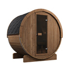 Angled view of the SaunaLife E6 Ergo 3-person outdoor barrel sauna with glass door and shingle roof