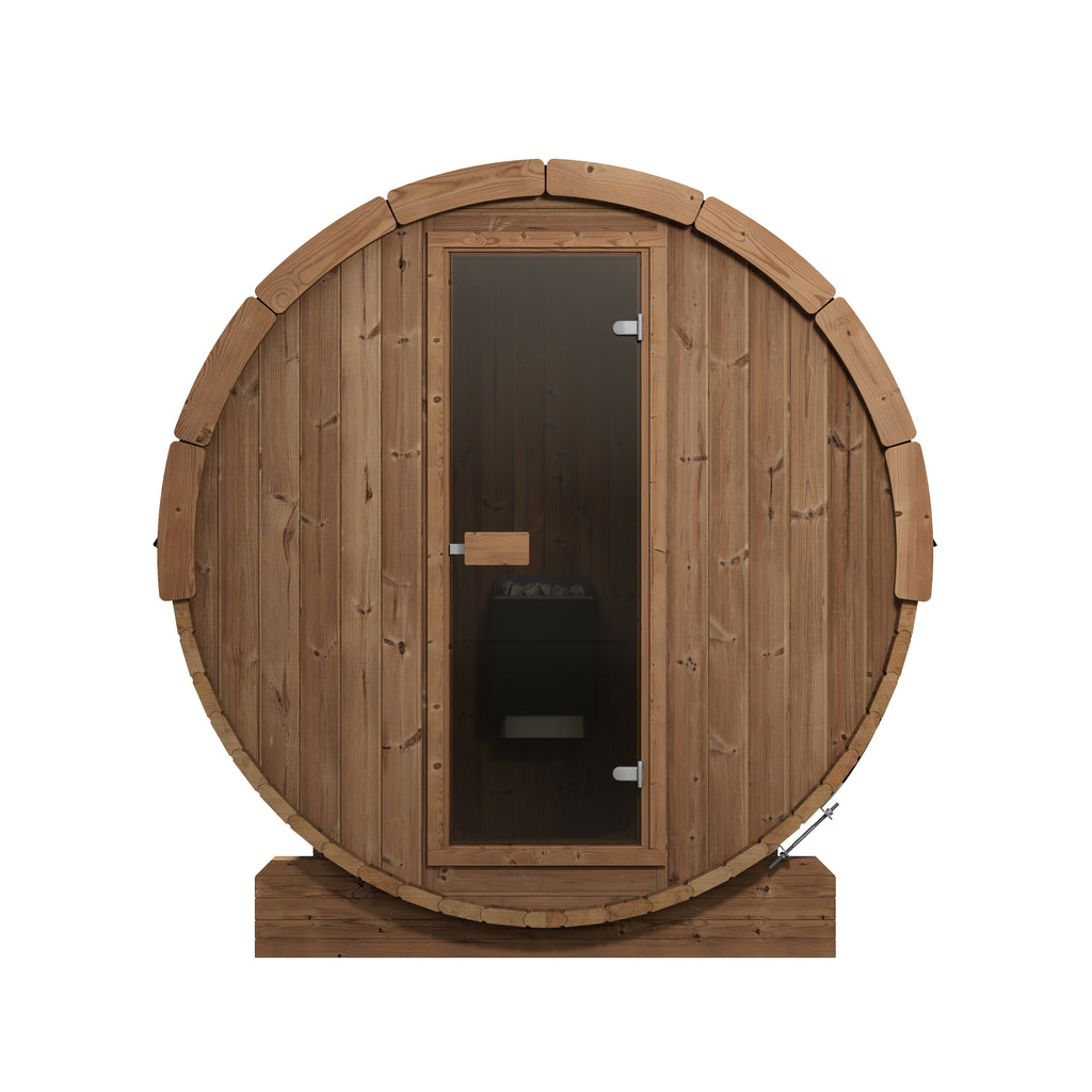Front view of the SaunaLife E6 Ergo 3-person outdoor barrel sauna with glass door