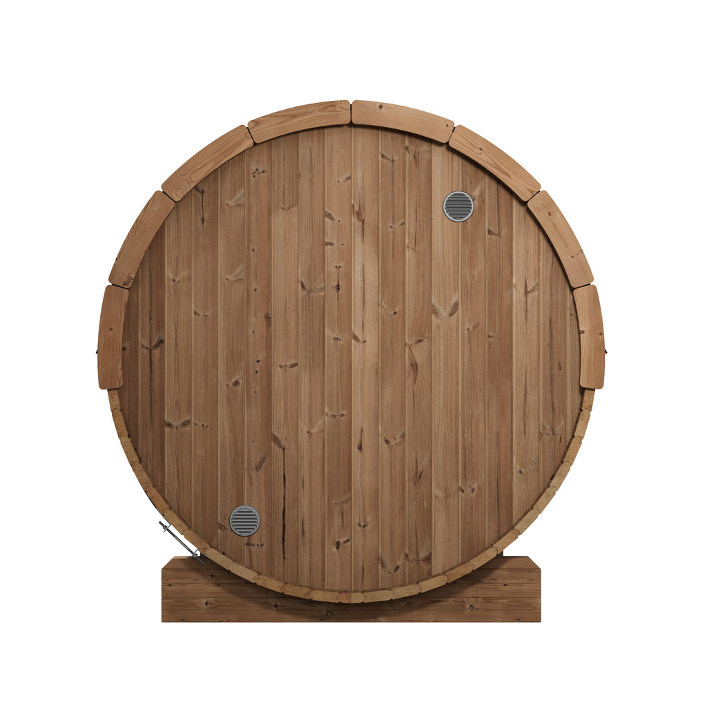 Rear view of the SaunaLife E6 Ergo 3-person outdoor barrel sauna with solid wood back