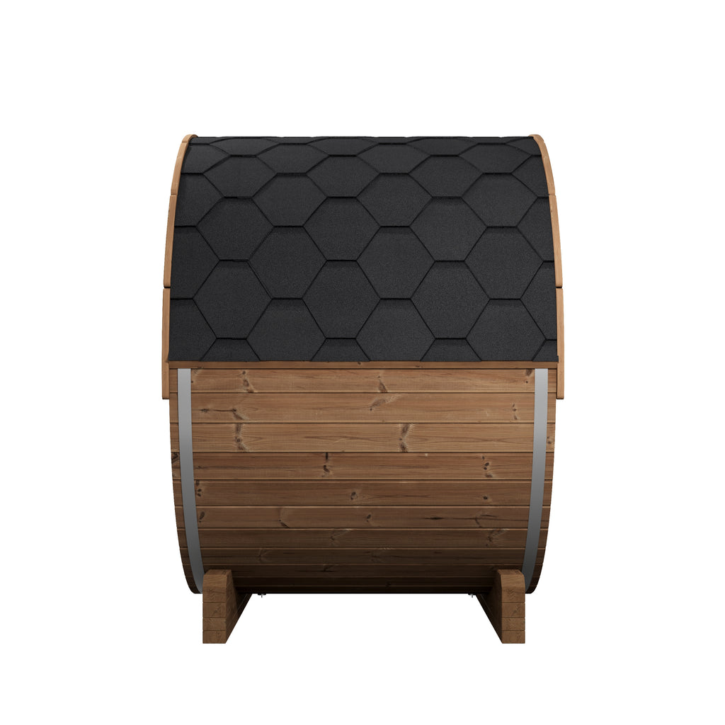 Side view of the SaunaLife E6 Ergo 3-person outdoor barrel sauna showing the shingle roof