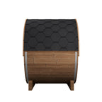 Side view of the SaunaLife E6 Ergo 3-person outdoor barrel sauna showing the shingle roof