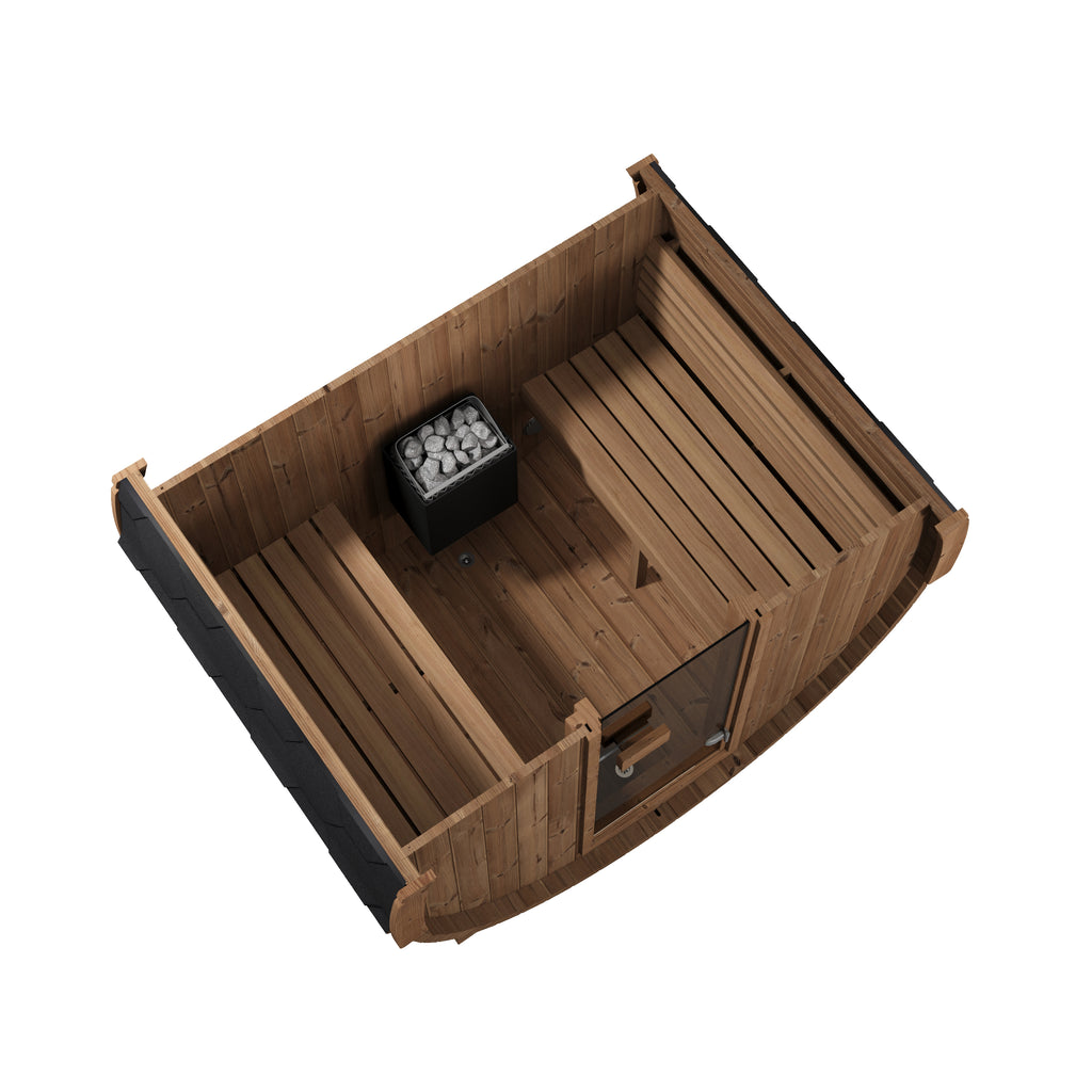 Top-down cutaway of the SaunaLife E6 Ergo 3-person outdoor barrel sauna showing the benches and heater