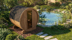 SaunaLife E6 Ergo 3-person outdoor barrel sauna beside a pond in a garden