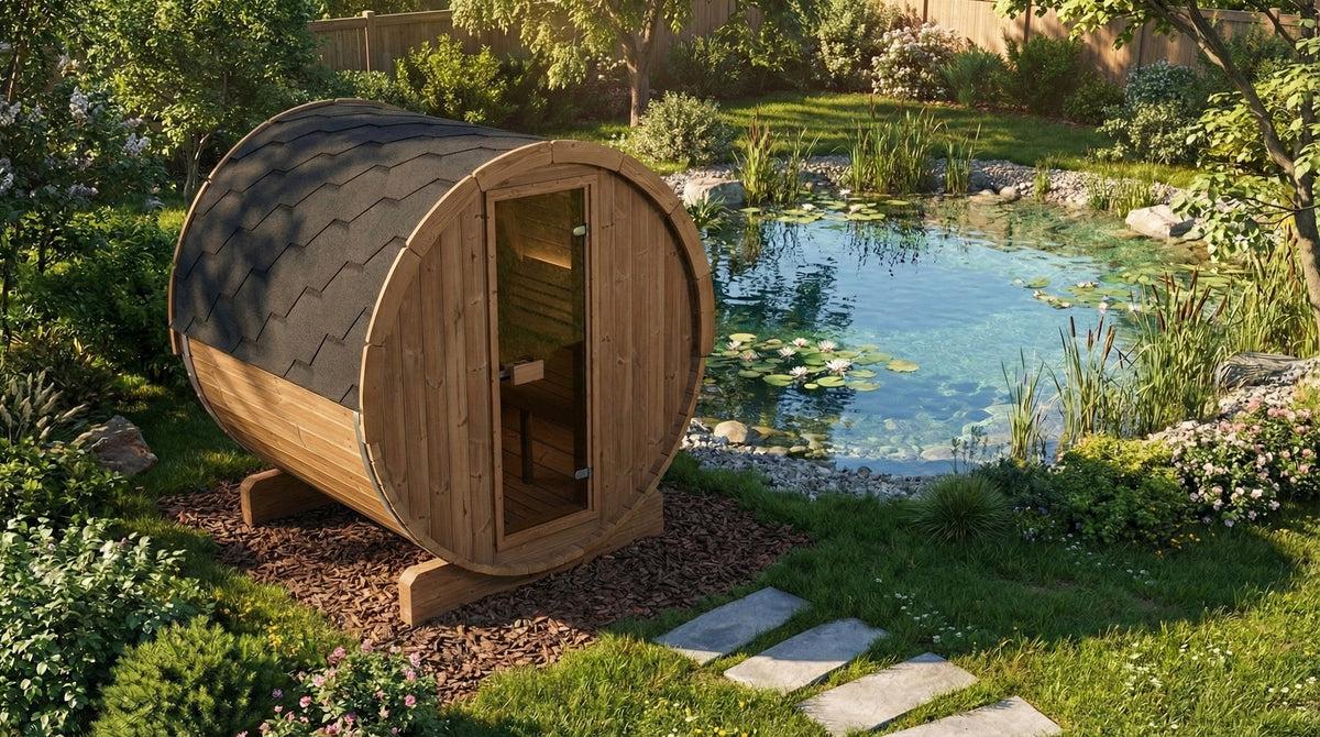 SaunaLife E6 Ergo 3-person outdoor barrel sauna beside a pond in a garden