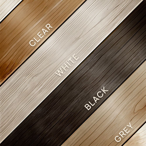 SaunaLife sauna wax color options on wood: clear, white, black and grey