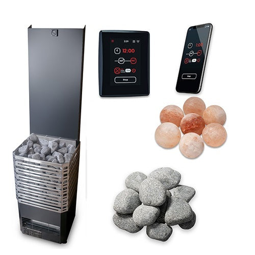 Saunum Air L 15 15kW sauna heater package with AirIQ WiFi control and sauna stones, open stone basket