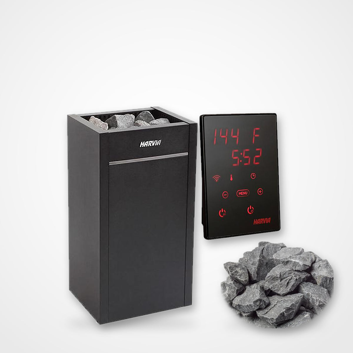 Harvia Virta HL80E 8kW electric sauna heater with Xenio control panel and sauna stones