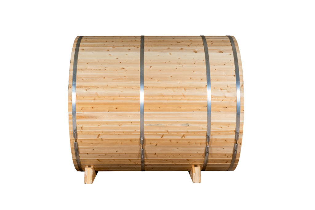 Side view of the Dundalk CT Serenity 5-Person Outdoor Barrel Sauna with Half-Moon Windows on a white background