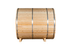 Side view of the Dundalk CT Serenity 5-Person Outdoor Barrel Sauna with Half-Moon Windows on a white background