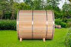 Side view of the Dundalk CT Serenity 5-Person Outdoor Barrel Sauna with Half-Moon Windows with stainless steel bands