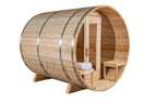 Angled front view of the Dundalk CT Serenity 5-Person Outdoor Barrel Sauna with Half-Moon Windows on a white background