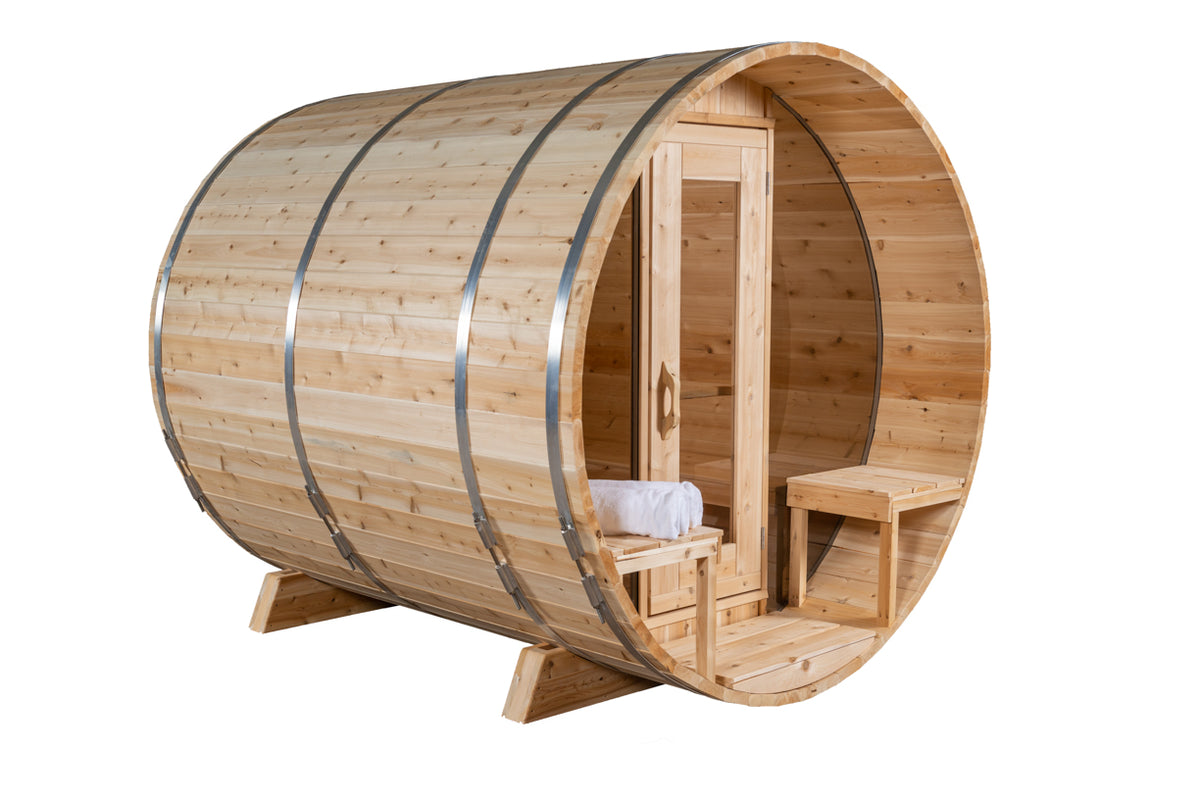 Angled front view of the Dundalk CT Serenity 5-Person Outdoor Barrel Sauna with Half-Moon Windows on a white background