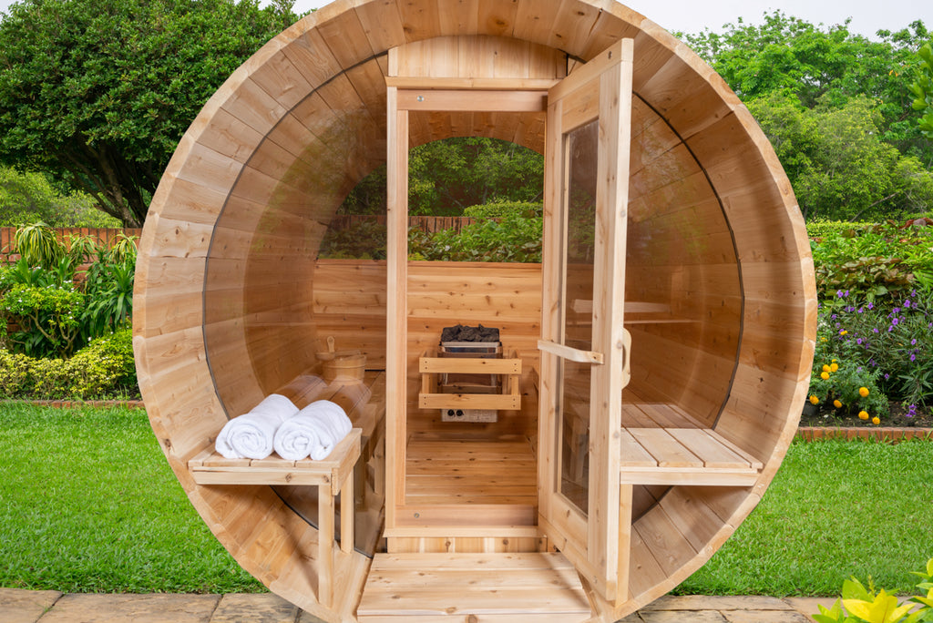 Front view of the Dundalk CT Serenity 5-Person Outdoor Barrel Sauna with Half-Moon Windows with the door open