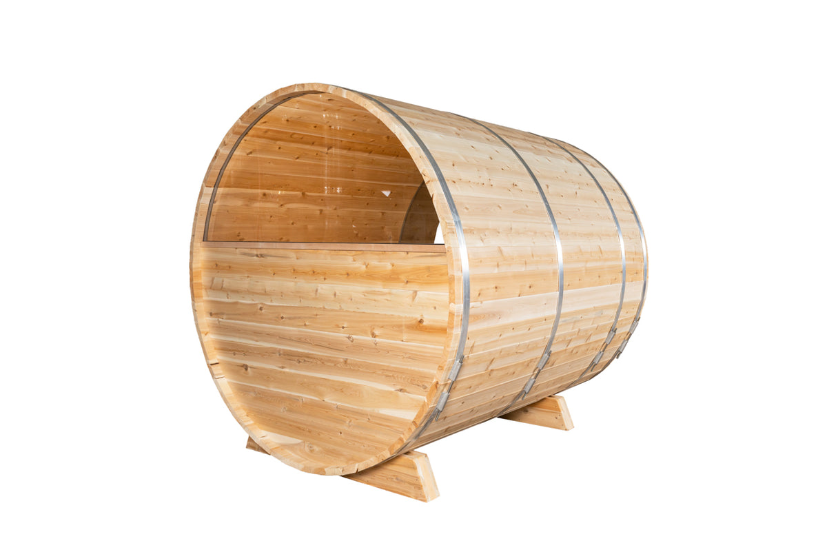 Rear view of the Dundalk CT Serenity 5-Person Outdoor Barrel Sauna with Half-Moon Windows on a white background