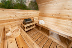 Heater and benches inside the Dundalk CT Serenity 5-Person Outdoor Barrel Sauna with Half-Moon Windows