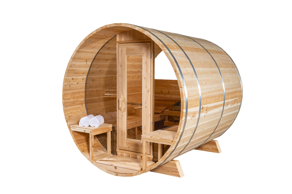 Front view of the Dundalk CT Serenity 5-Person Outdoor Barrel Sauna with Half-Moon Windows on a white background