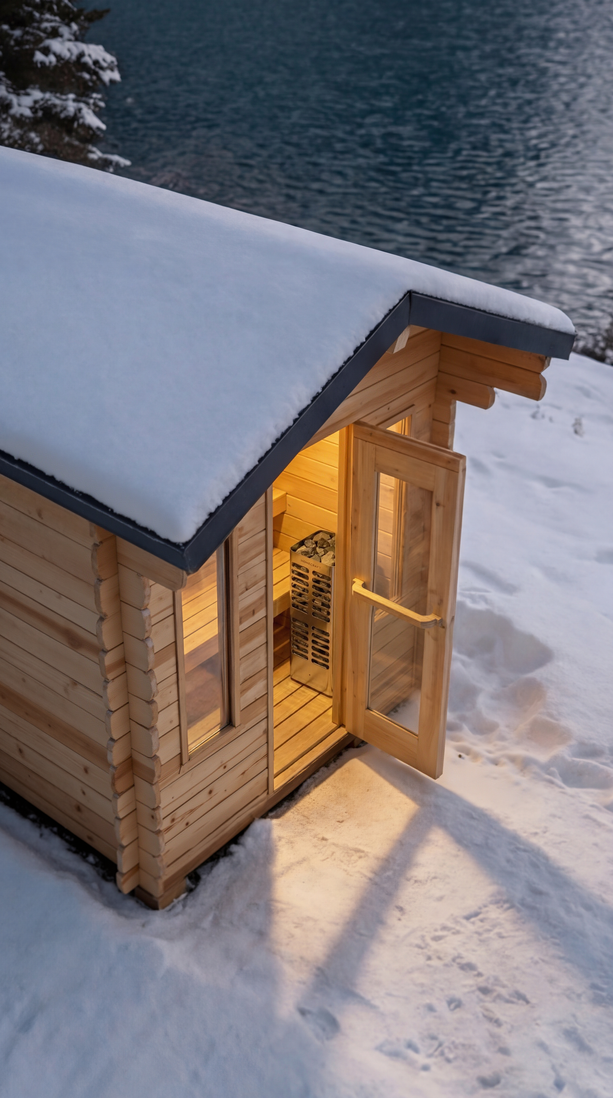 Dundalk CT Palmer 4-Person Outdoor Cabin Sauna with snow on the roof