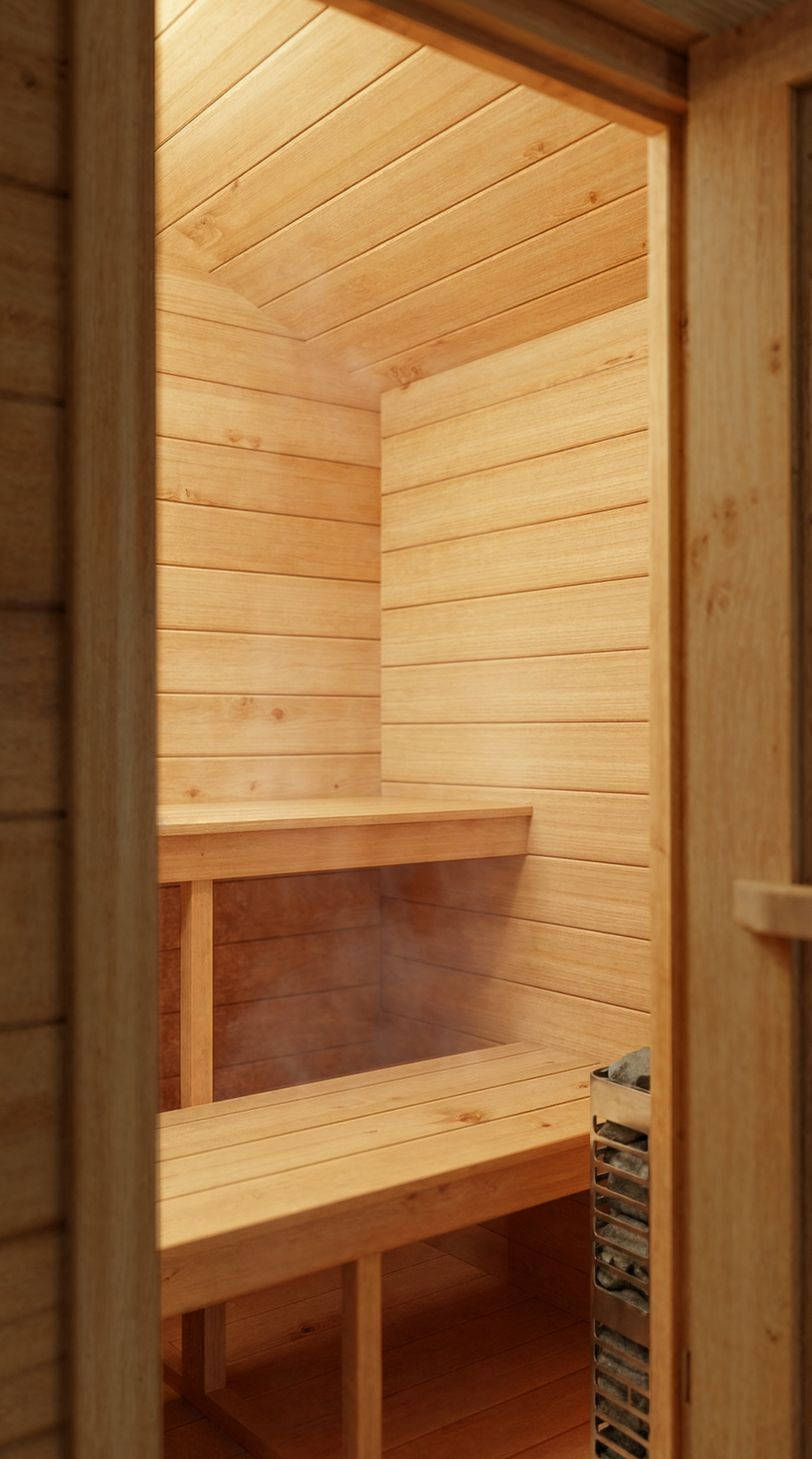 Open door and benches of the Dundalk CT Palmer 4-Person Outdoor Cabin Sauna