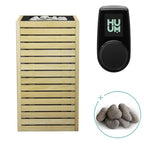 Huum Core 6.5kW Sauna Heater with alder wood slat cladding, black inlay, UKU control panel and sauna stones