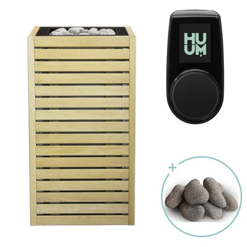 Huum Core 6.5kW Sauna Heater with alder wood slat cladding, black inlay, UKU control panel and sauna stones