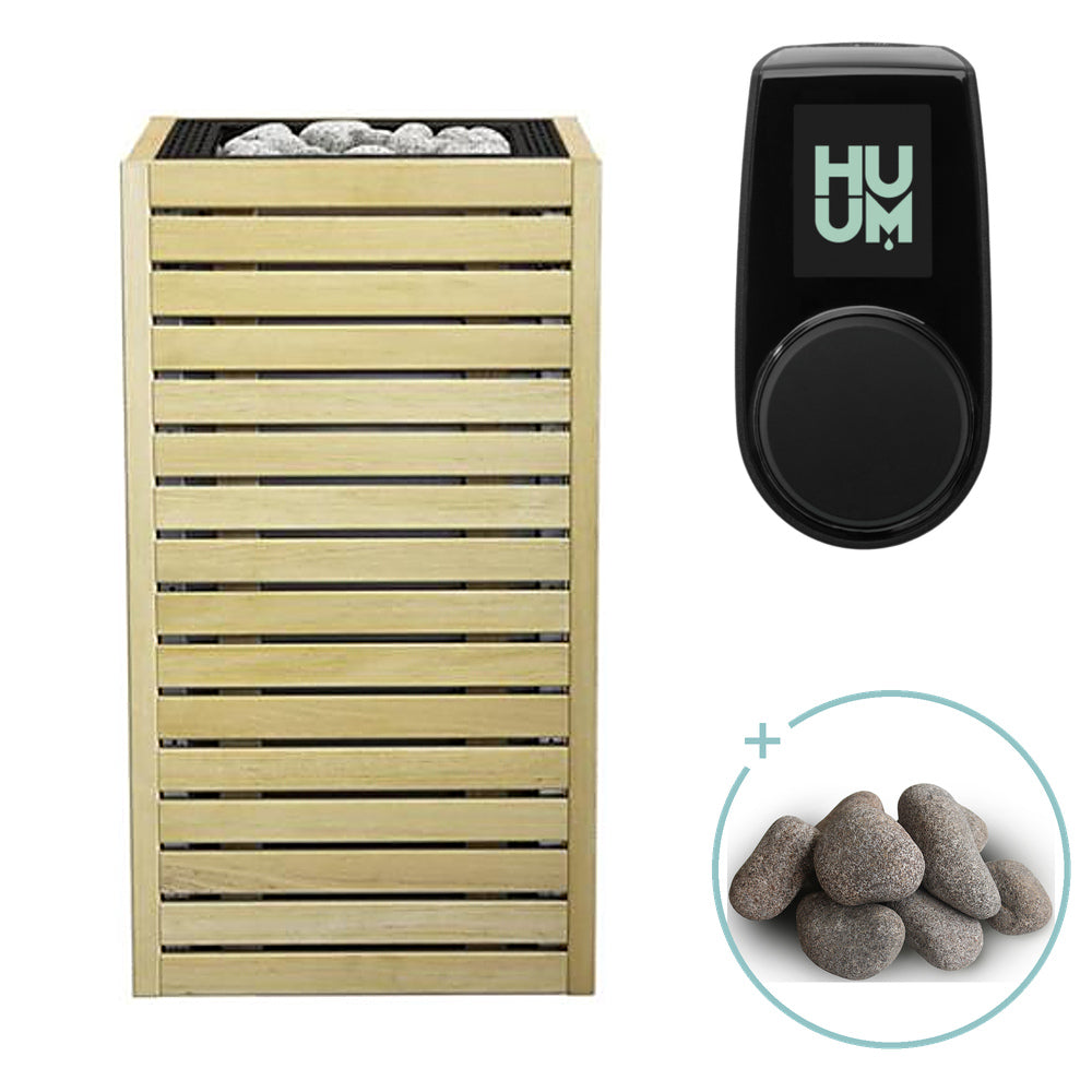 Huum Core 6.5kW electric sauna heater in alder wood with black inlay, package with UKU control panel and sauna stones