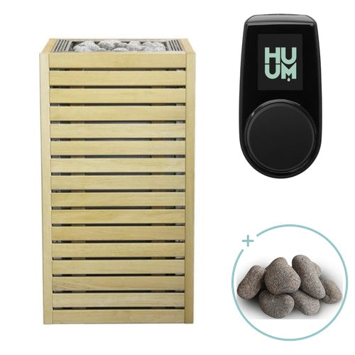 Huum Core 6.5kW Sauna Heater with alder wood slat cladding, stainless steel inlay, UKU control panel and sauna stones