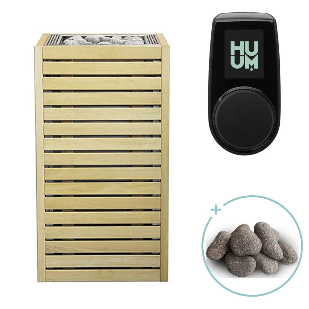 Huum Core 6.5kW electric sauna heater in alder wood with stainless steel inlay, package with UKU control panel and sauna stones