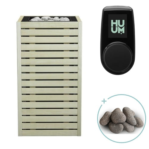 Huum Core 6.5kW Sauna Heater with aspen wood slat cladding, black inlay, UKU control panel and sauna stones