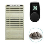 Huum Core 6.5kW Sauna Heater with aspen wood slat cladding, black inlay, UKU control panel and sauna stones
