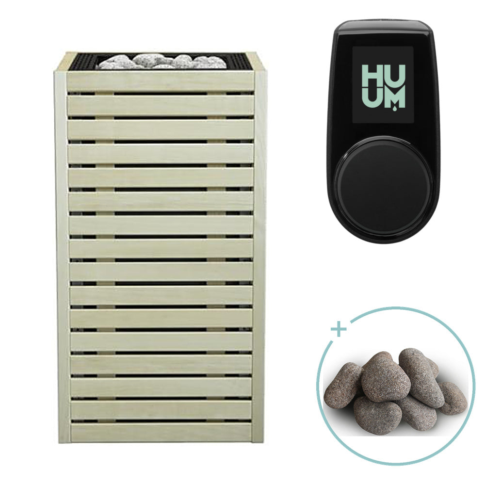 Huum Core 6.5kW electric sauna heater in aspen wood with black inlay, package with UKU control panel and sauna stones