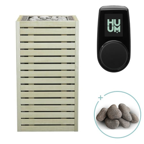 Huum Core 6.5kW Sauna Heater with aspen wood slat cladding, stainless steel inlay, UKU control panel and sauna stones